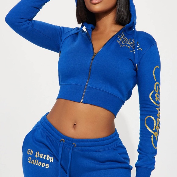 Ed Hardy Pants - COPY - Ed Hardy Sweat Outfit Blue Tiger Classic Design Flare Bottoms W/ Hoodie …